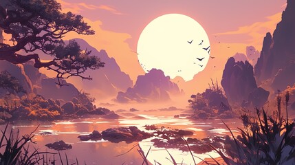 Traditional landscape painting, novel game poster material illustration
