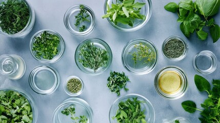 Obraz premium Herbal Medicine Laboratory: Overhead View of Extracts and Glassware