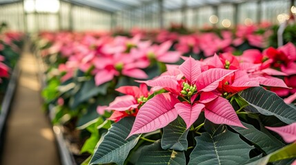 Beautiful pink poinsettia plants on display in greenhouse blooming in time for the Christmas holiday season.