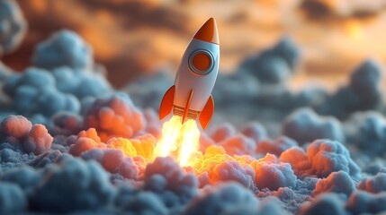 Rocket launching through colorful clouds, sunset sky. Exploration and innovation concept