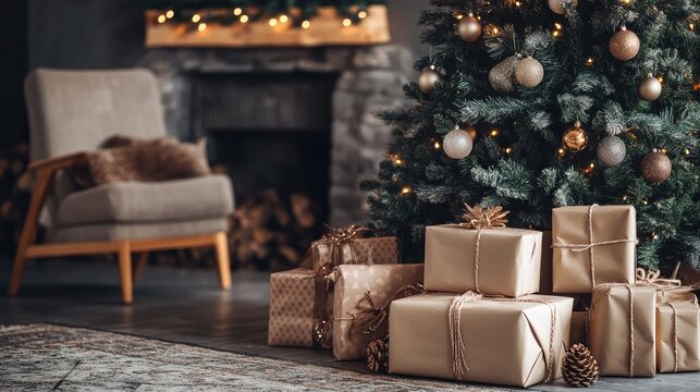 A cozy living room with a decorated Christmas tree and presents under it, creating a warm and festive atmosphere.
