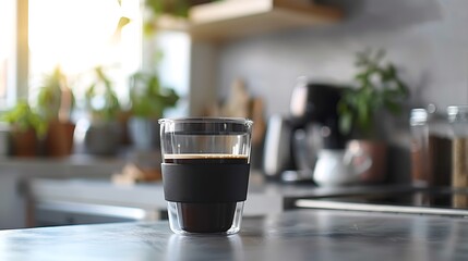 Reusable glass coffee cup in the kitchen