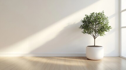 Minimalist Tree in White Pot on Wooden Floor - Simple Elegance in Home Decor