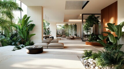 Fototapeta premium Modern Minimalist Living: Stylish Interior Design with Potted Plants and Furniture