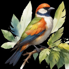 Colorful bird and leaves painted in watercolor - wall decor