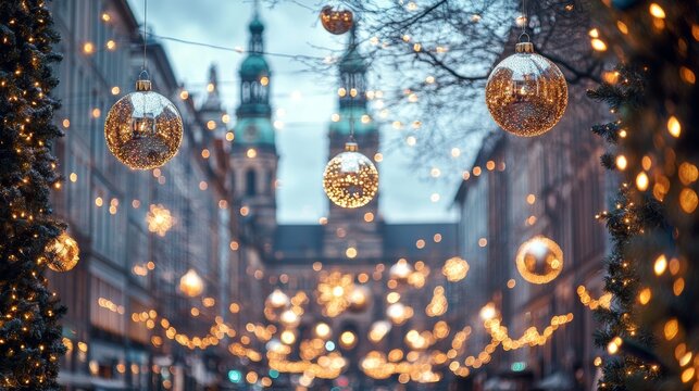 Germany- hamburg- christmas decorations hanging over street in front of town hall