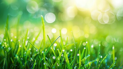 Obraz premium Selective focus on green grass with water drops as dew and bokeh background