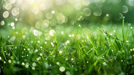 Obraz premium Selective focus on green grass with water drops as dew and bokeh background