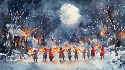 Naklejka premium Enchanted Lanterns: Children's Watercolor Fantasy Under the Full Moon