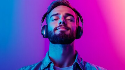 A young man with a beard is listening to music with headphones. He has his eyes closed and is enjoying the music.