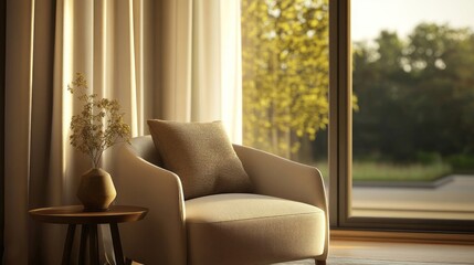 Fototapeta premium Modern Armchair with Side Table: Stylish Living Room Design