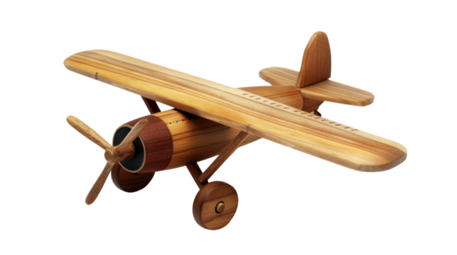 A wooden toy plane on transparent background