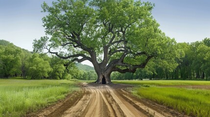 A Majestic Oak Tree Stands Guard Over a Dirt Road