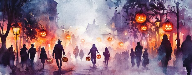 Mystical Halloween Night Watercolor Painting of a Crowd Walking Through a Foggy Street with Jack-o'-Lanterns.