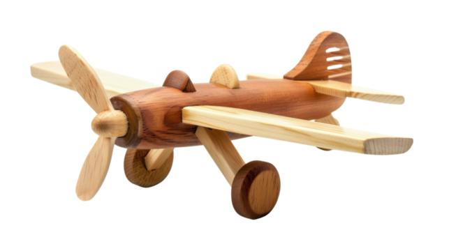 A wooden toy plane on transparent background