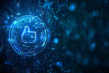 Thumbs Up Icon, Futuristic Glowing Circle, Blue Circuit Board, Social Media Approval Concept