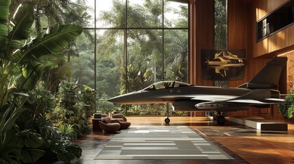 Fototapeta premium Tropical Oasis: Cozy Indoor Space with Wooden Decor and a Surprising Twist