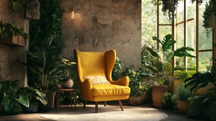 Cozy Living Room with Yellow Armchair and Lush Greenery