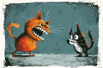 Obraz premium A cartoon of two cats fighting with one of them having a mouth open