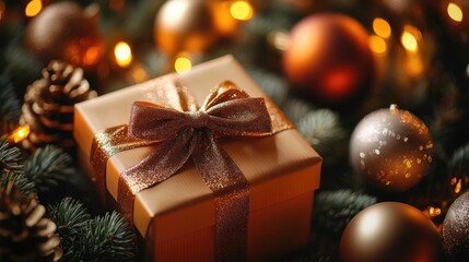 A golden gift box with a bow surrounded by pine branches, pine cones, and ornaments.