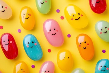 Colorful jelly beans with smiles on a yellow background