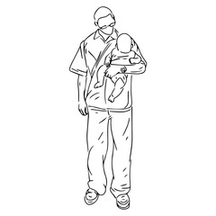 line art illustration of a father holding his baby son in black and white