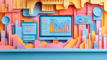 An illustration of a business concept in a papercut style, featuring vibrant and well-designed colors. The layered textures and clean lines bring a modern, creative touch to the overall visual appeal.