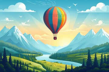 Fototapeta premium A colorful hot air balloon is flying over a mountain range