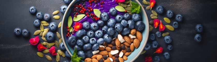 A vibrant arrangement of blueberries, almonds, and colorful flowers, perfect for healthy eating and nature-themed projects.
