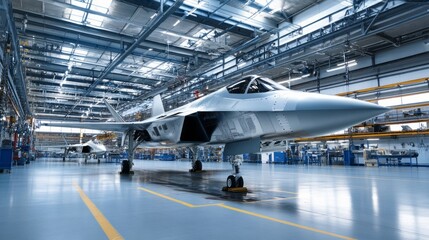 Obraz premium Cutting-Edge Fighter Jet Takes Shape in Massive Factory