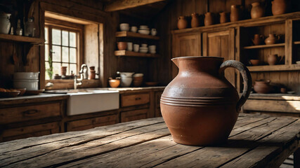 Clay jug sitting on a weathered wooden table in a rustic kitchen