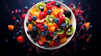 A vibrant bowl of fresh mixed fruit surrounded by splashes, showcasing colors and textures perfect for healthy eating visuals.