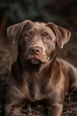 Lovable Chocolate Labrador Retriever Dog Sitting in the Wilderness