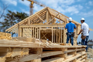 Fototapeta premium Construction Site with Wooden Frame House Under Construction and Workers in Background