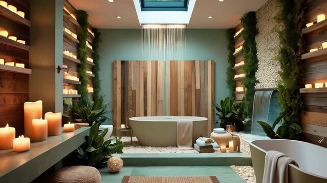 Create a serene and intimate bathroom oasis with warm, soft lighting emanating from a series of floor-to-ceiling candles and a skylight above, casting a gentle glow on the natural textures 