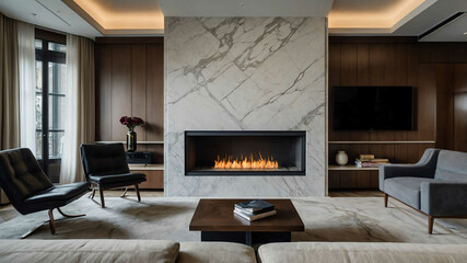 Custom designed fireplace embedded in a marble wall in a spacious living room