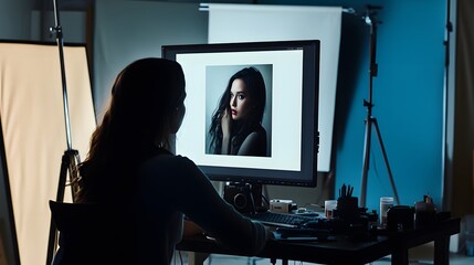 Photographer Editing a Portrait of a Woman in a Studio