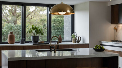 Designer pendant lights hanging above a polished kitchen island