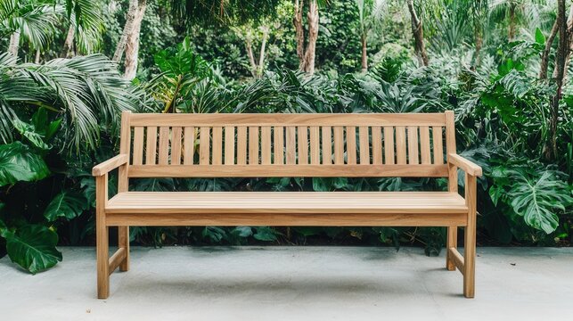 eak wood bench with a smooth finish, placed on a veranda overlooking a lush garden, eco-friendly simple design outdoor seating