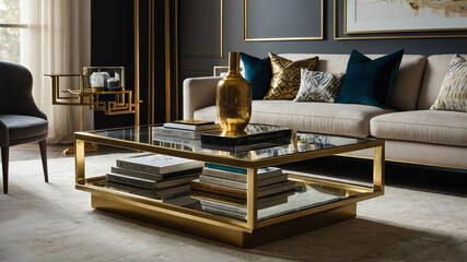 Glass coffee table with gold accents and designer books in a sleek living room