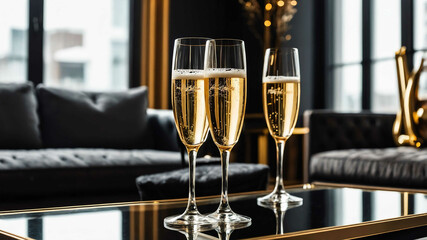Gold rimmed champagne flutes on a glass coffee table in an upscale lounge