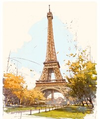 Eiffel Tower and colorful city painted in watercolor - wall decoration