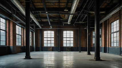 Industrial loft building with large metal framed windows and exposed brick