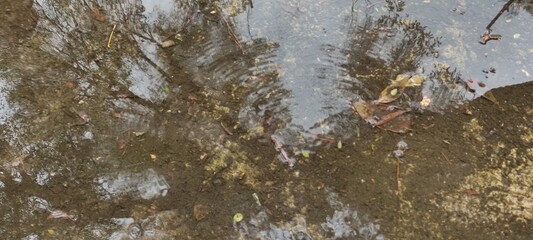 Scenarios of cloud formations reflected on the blue water puddle,Escenarios de formaciones de nubes reflejadas sobre el charco de agua azul