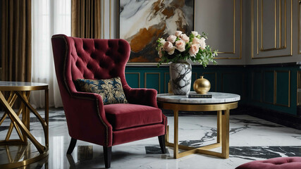 Luxurious velvet armchair beside a marble topped side table in a living room