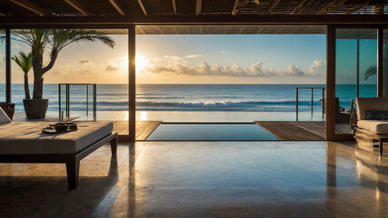 Fototapeta premium Luxury beachfront villa with an expansive terrace and glass doors