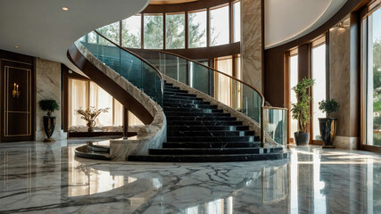 Fototapeta premium Marble staircase with glass railings in a spacious luxury villa
