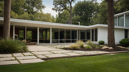 Naklejka premium Mid century modern home with large windows and minimalist landscaping