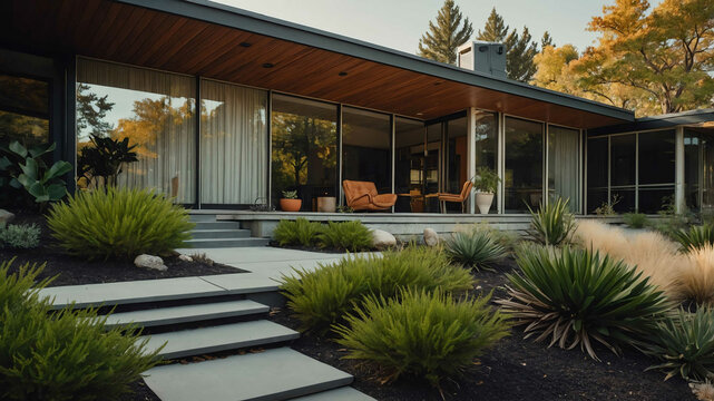 Mid century modern home with large windows and minimalist landscaping
