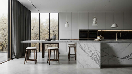 Minimalist white kitchen with marble countertops and designer stools
